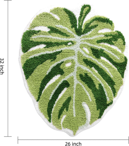 Panstar Large Monstera Leaf Bath Mat, Non Slip Green Plant Bathroom Rug, Absorbent Cute Palm Shaped Bathtub Rug Bathroom Plush Shower Rugs (32"X26")