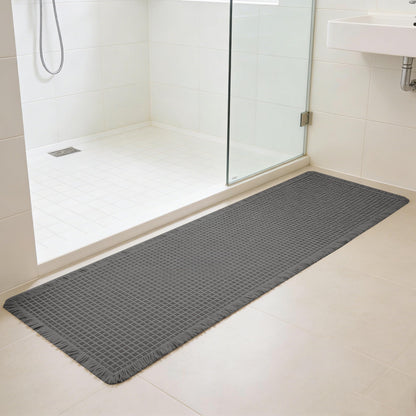 Waffle Bath Mat Non Slip, Boho Bathroom Rug, White/Taupe, 16"x24"