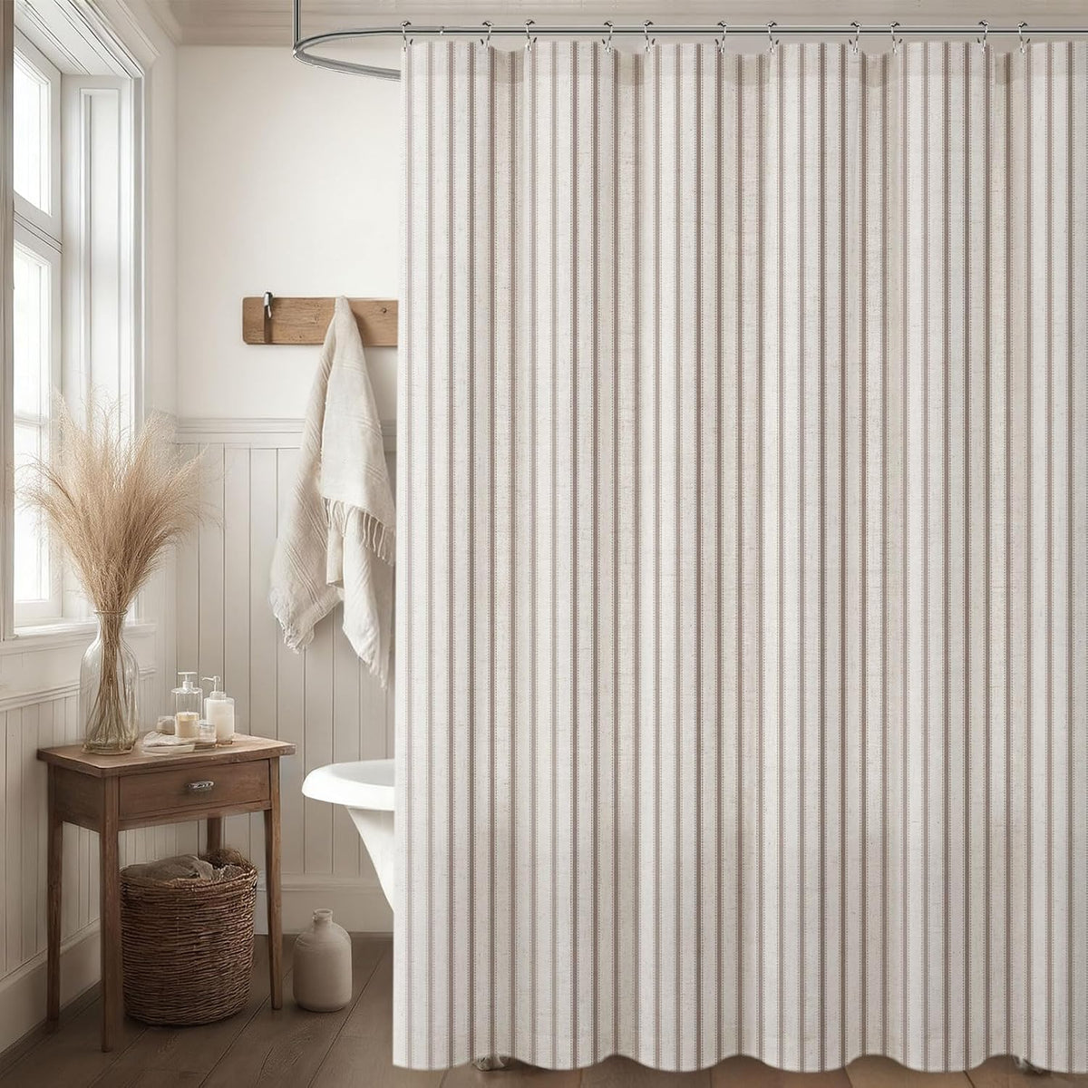 Farmhouse Striped Shower Curtain Taupe Vintage Linen Curtain 72"W X 72"L