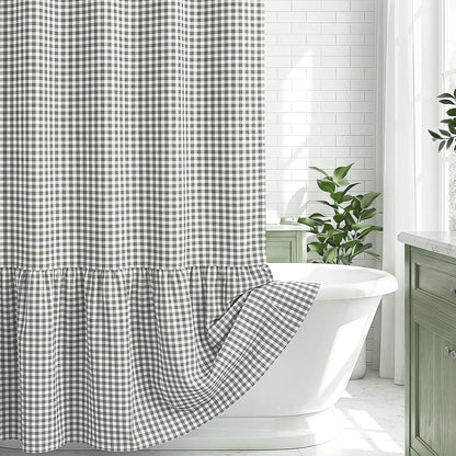 HunnmingRe Ruffle Hem Gingham Shower Curtain Sage Green