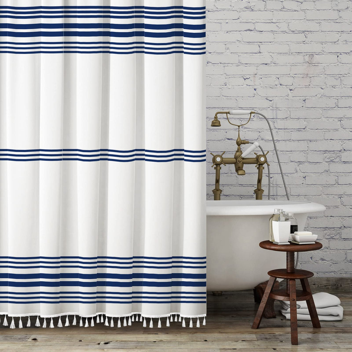 Seasonwood Black and White Shower Curtain with Tassels, 72 x 72