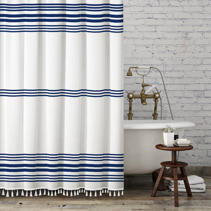 Seasonwood Black and White Shower Curtain with Tassels, 72 x 72