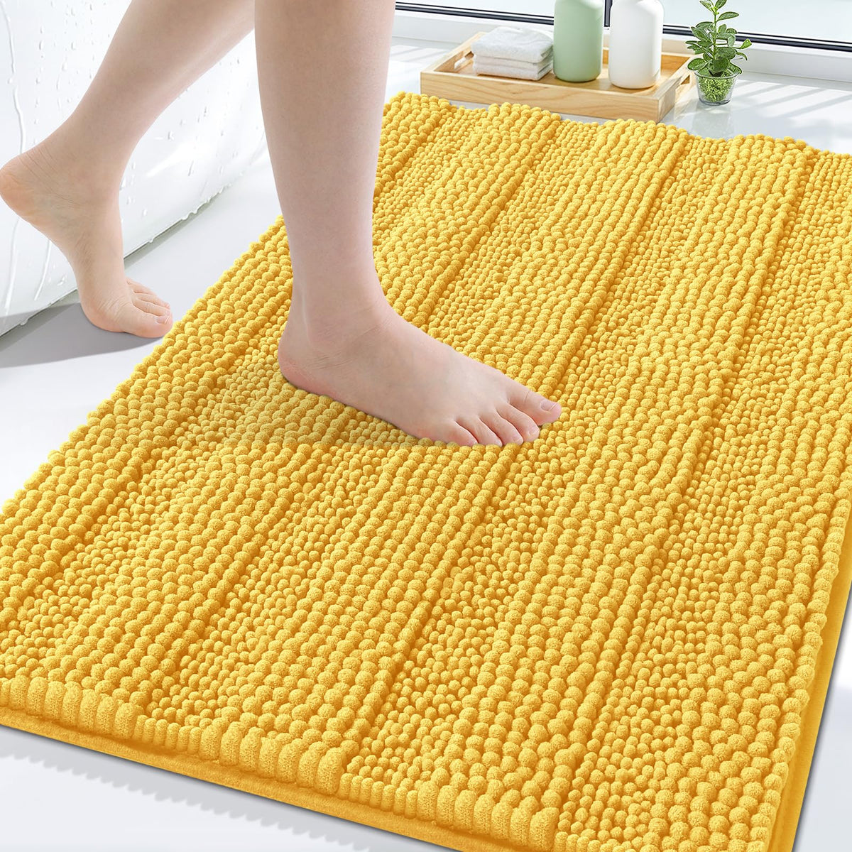 Grandaily Chenille Striped Bathroom Rugs 36x24, Extra Thick and Absorbent Bath Mats, Non-Slip Soft Plush Shaggy Shower Carpet, Machine Wash Dry, Bath Rug for Bathroom, (Large, Light Grey)