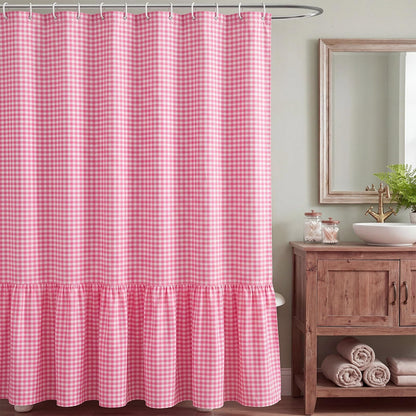 HunnmingRe Ruffle Hem Gingham Shower Curtain Sage Green