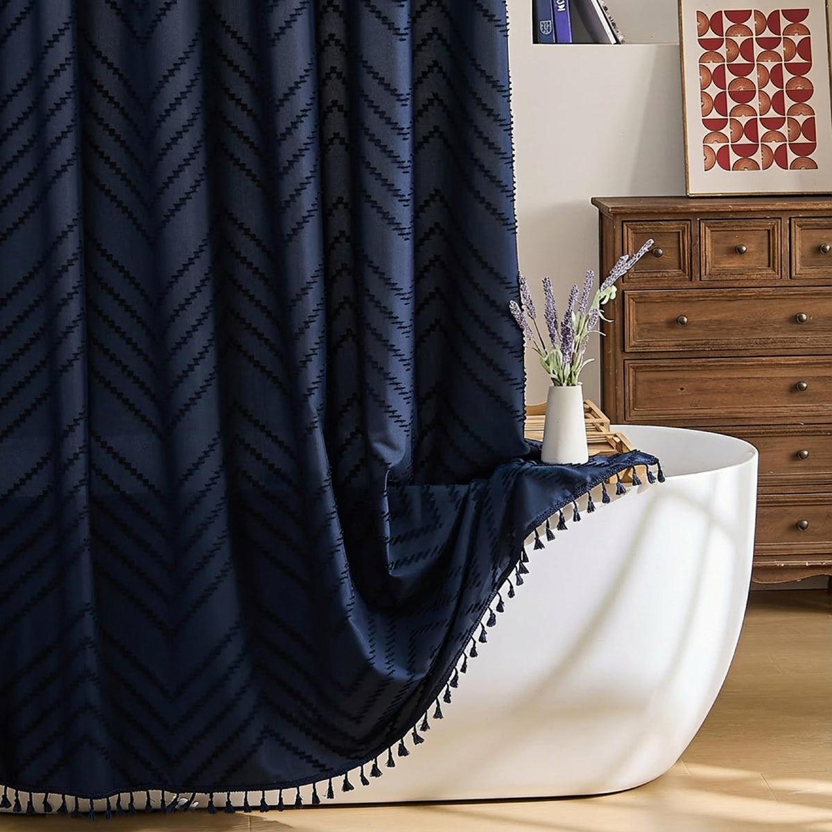 Siiluminisoy White Shower Curtain Fabric Boho Shower Curtain Cloth Textured Tufted Chevron Elegant Shower Curtains Waterproof for Bathroom 72" x 72"