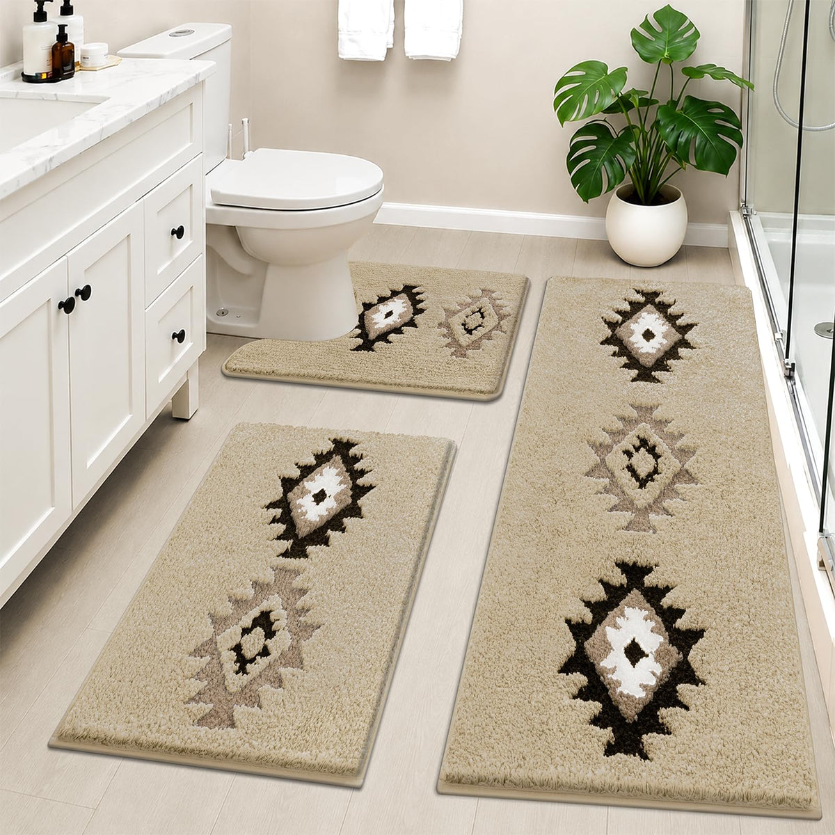 HEBE Boho Bathroom Rugs Set 3 Piece, Non Slip Washable Bath Mat Set