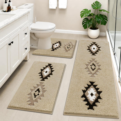 HEBE Boho Bathroom Rugs Set 3 Piece, Non Slip Washable Bath Mat Set