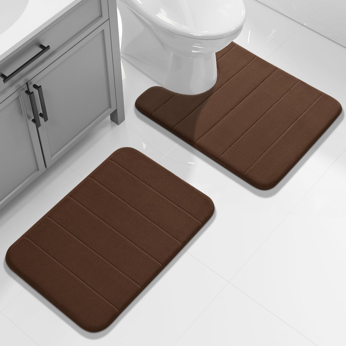 Yimobra Memory Foam Bathroom Rugs Sets 2 Piece - Super Soft Absorbent Quick Dry Bath Mat Set, Machine Washable Non Slip Floor Carpet for Tub Shower & Single Sink (17x24 & 31.5x20 Inch, Black)