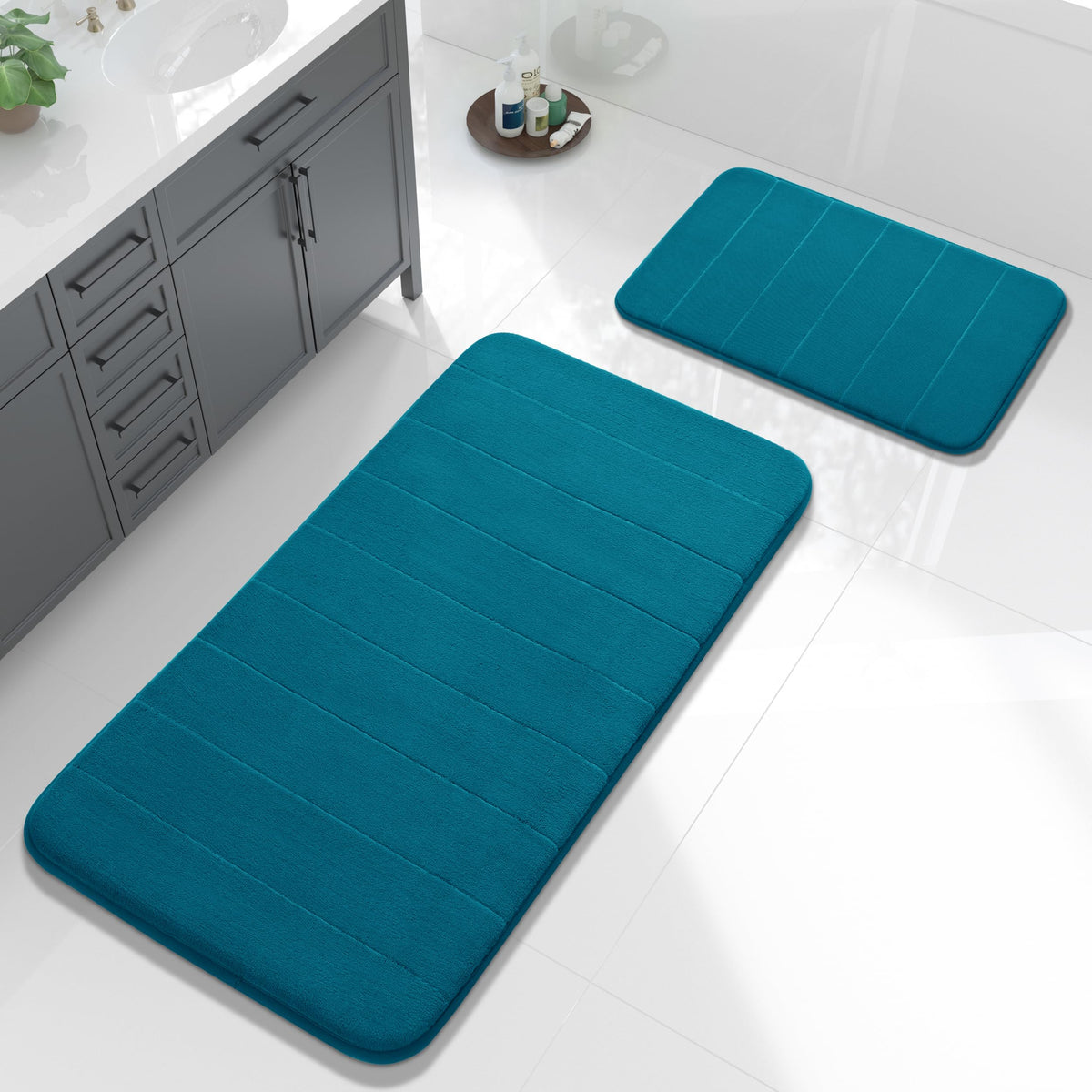 Yimobra Memory Foam Bathroom Rugs Sets 2 Piece - Super Soft Absorbent Quick Dry Bath Mat Set, Machine Washable Non Slip Floor Carpet for Tub Shower & Single Sink (17x24 & 31.5x20 Inch, Black)