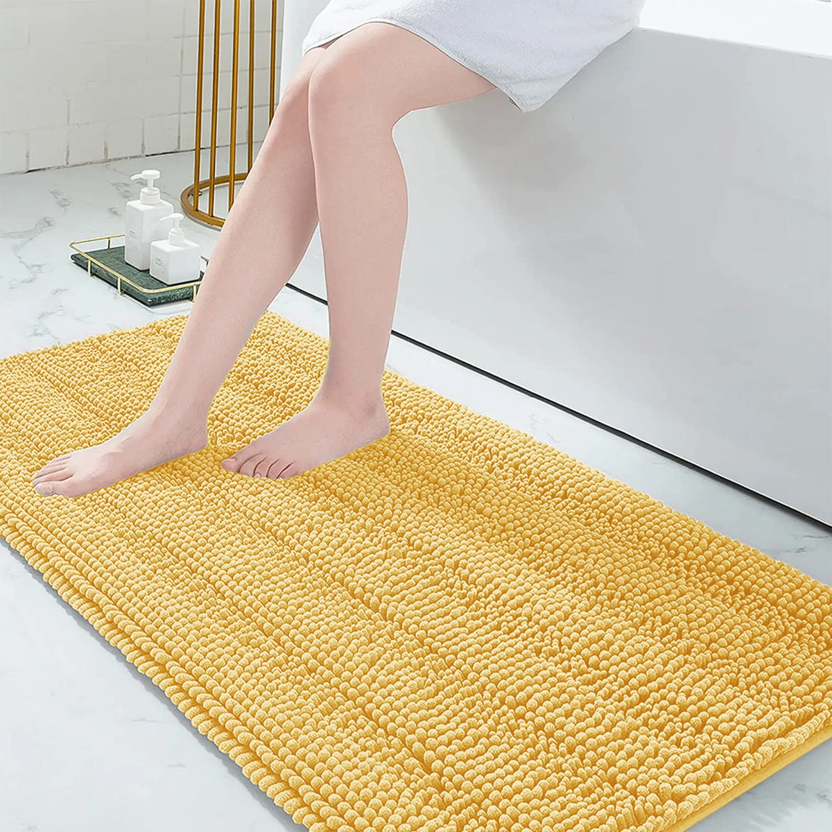 Grandaily Chenille Striped Bathroom Rugs 36x24, Extra Thick and Absorbent Bath Mats, Non-Slip Soft Plush Shaggy Shower Carpet, Machine Wash Dry, Bath Rug for Bathroom, (Large, Light Grey)