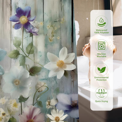 MEHOFOND Rustic Farmhouse Shower Curtain, Colorful Flowers Shower Curtains,Farm Teal Floral on Country Wooden Shower Curtain,Country Blue Wild Garden Plant Fabric Curtains for Bathroom 72x 72 inch