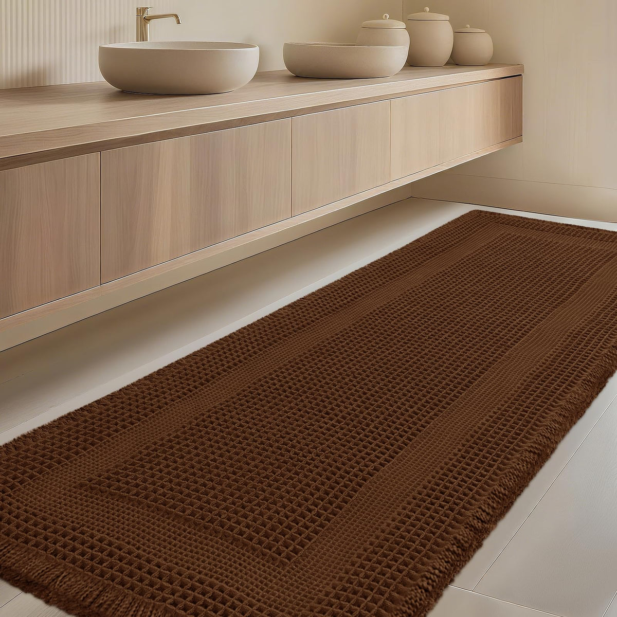 Upgrade Waffle Bath Mat Set 2 Piece, Boho Bathroom Rugs Absorbent Non Slip, Ultra Soft Bathroom Mat, Machine Washable Knit Bath Rugs with Herringbones for Bathroom, Bedroom, Kitchen, Shower, White
