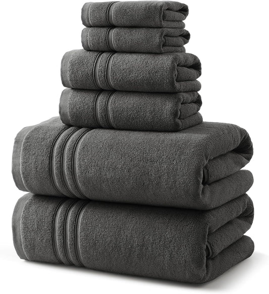 REDKISS Dark Gray Towels Set 6 Piece Cotton Towel Sets with 2 Bath Towels, 2 Hand, 2 Washcloths, 650GSM Hotel Quality, Soft, Highly Absorbent Towels for Bathroom Gym, Ideal Everyday Use