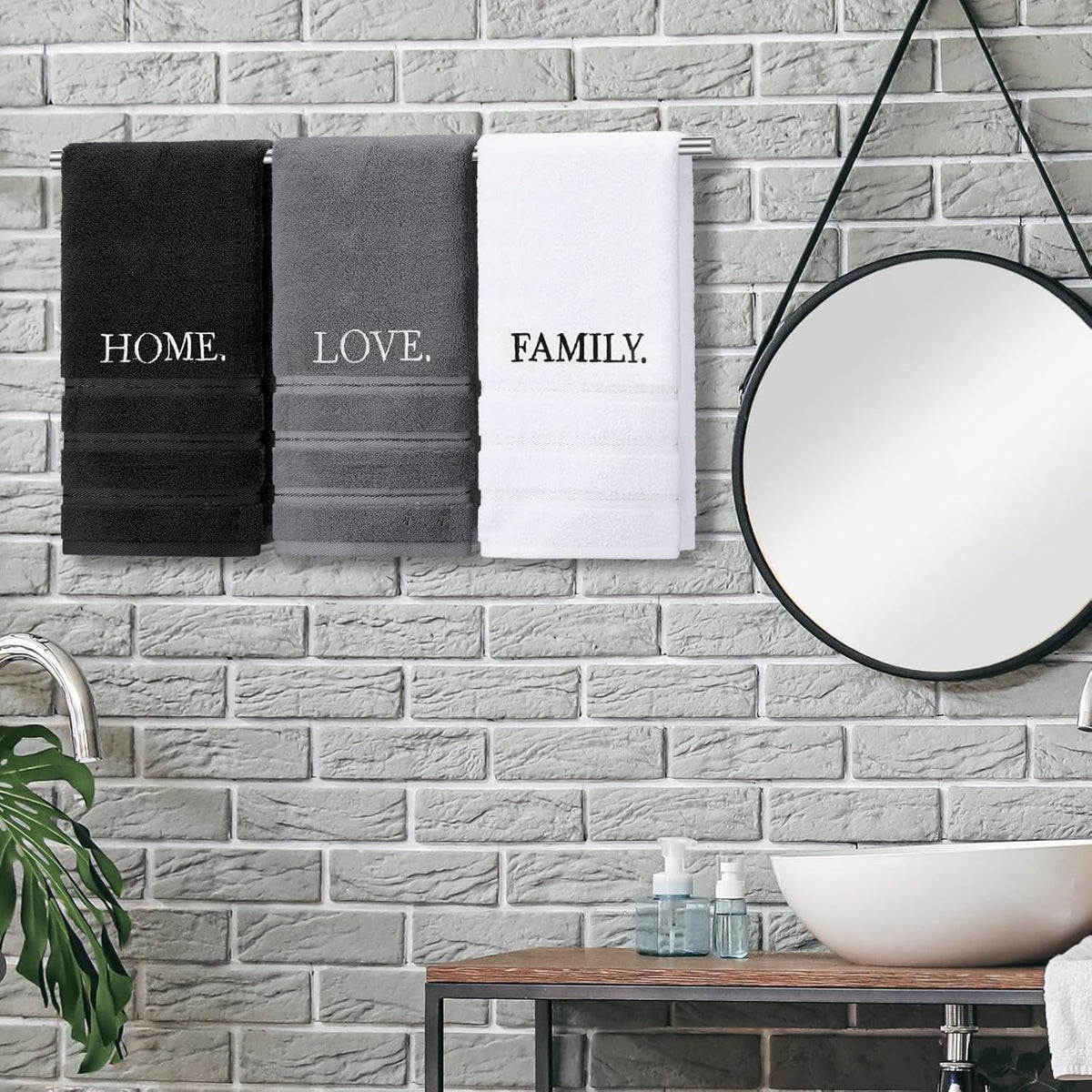 FuWeave 3 Pcs Black and White Hand Towels for Bathroom Home Love Family