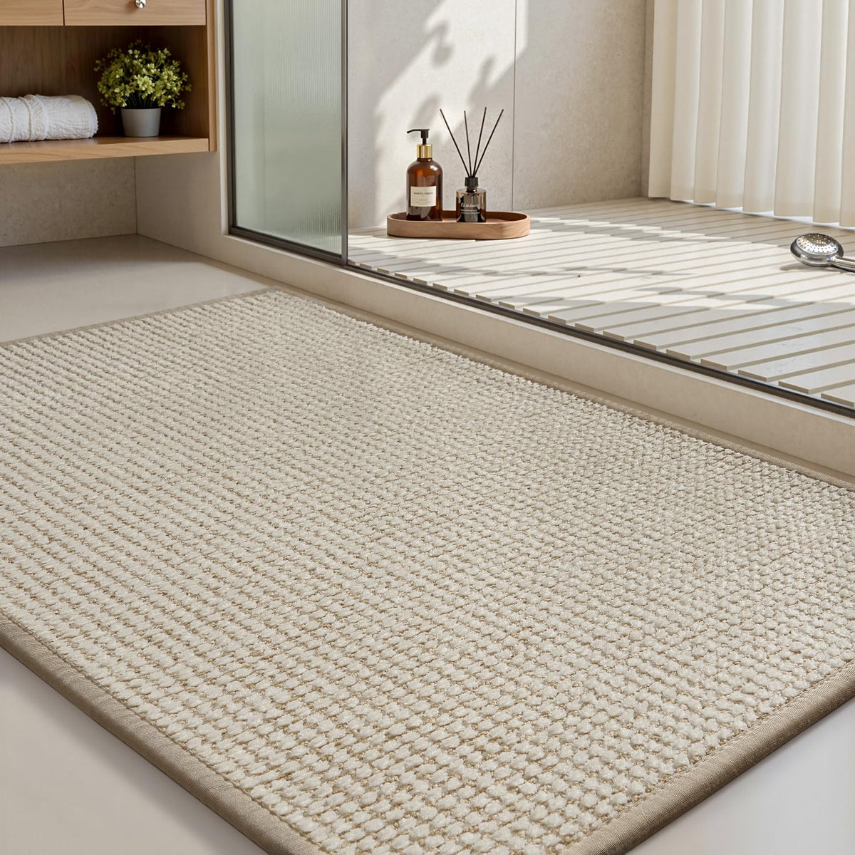 MontVoo Bath Mat,Chenille Absorbent Bathroom Mat Quick Dry Rubber Backed Bathroom Rugs Non Slip Washable Bath Mats,Ultra Thin Bathroom Rugs Fit Under Door,17"x24",White