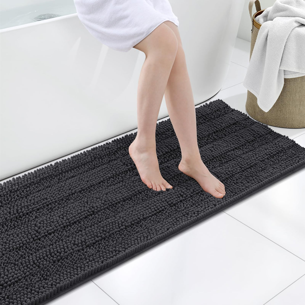 Grandaily Chenille Striped Bathroom Rugs 36x24, Extra Thick and Absorbent Bath Mats, Non-Slip Soft Plush Shaggy Shower Carpet, Machine Wash Dry, Bath Rug for Bathroom, (Large, Light Grey)