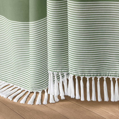 Sage Green Boho Cotton Striped Shower Curtain with Tassel 72"W X 72"L