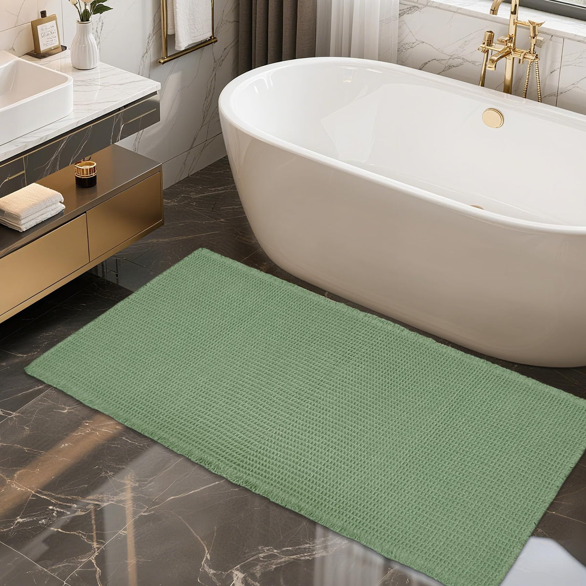 ZALL Tan Waffle Bath Mat,Super Absorbent Non Slip Bathroom Rug,Brown 18x30inch,Machine Washable Ultra Soft Floor Mats