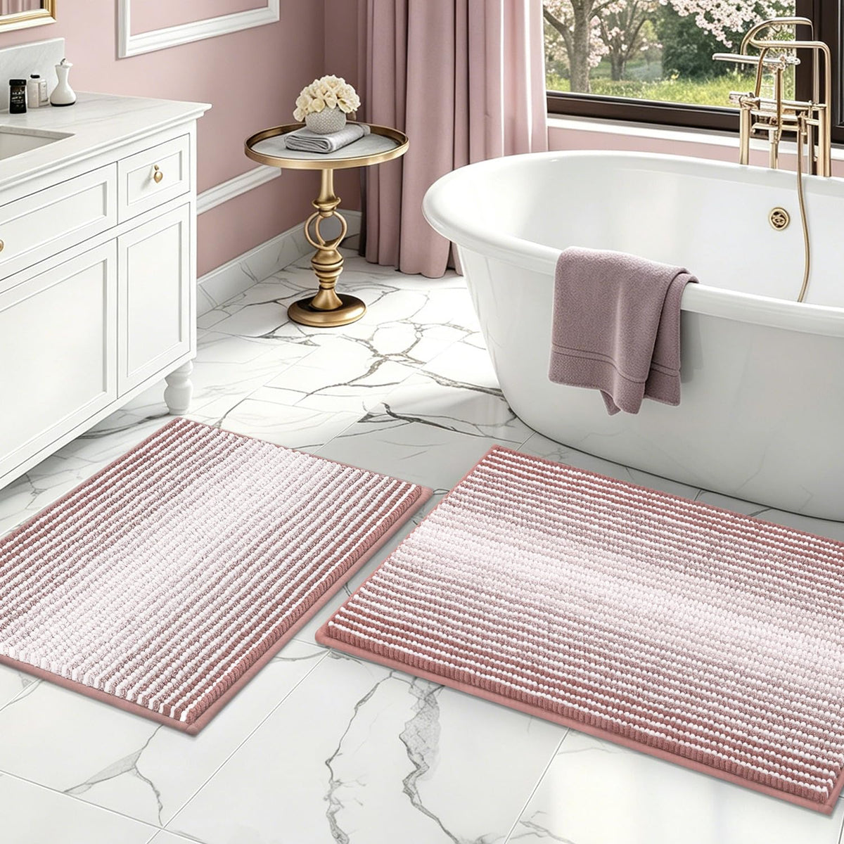 BSICPRO Bathroom Rugs Sets 2 Piece, Non Slip Striped Bath Mats, Fog Blue