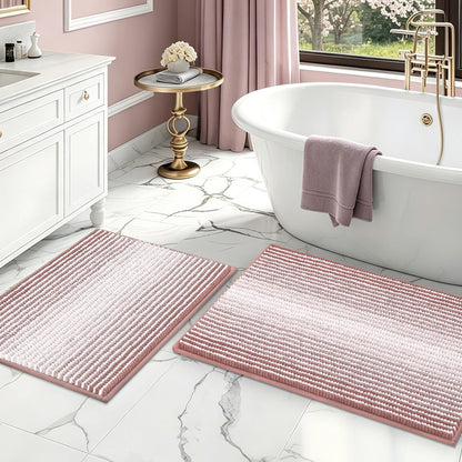 BSICPRO Bathroom Rugs Sets 2 Piece, Non Slip Striped Bath Mats, Fog Blue