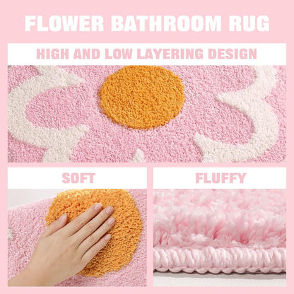 TRUEDAYS Flower Bathroom Rug, Round Non-Slip Bath Mat, 23.6"x23.6", Pink