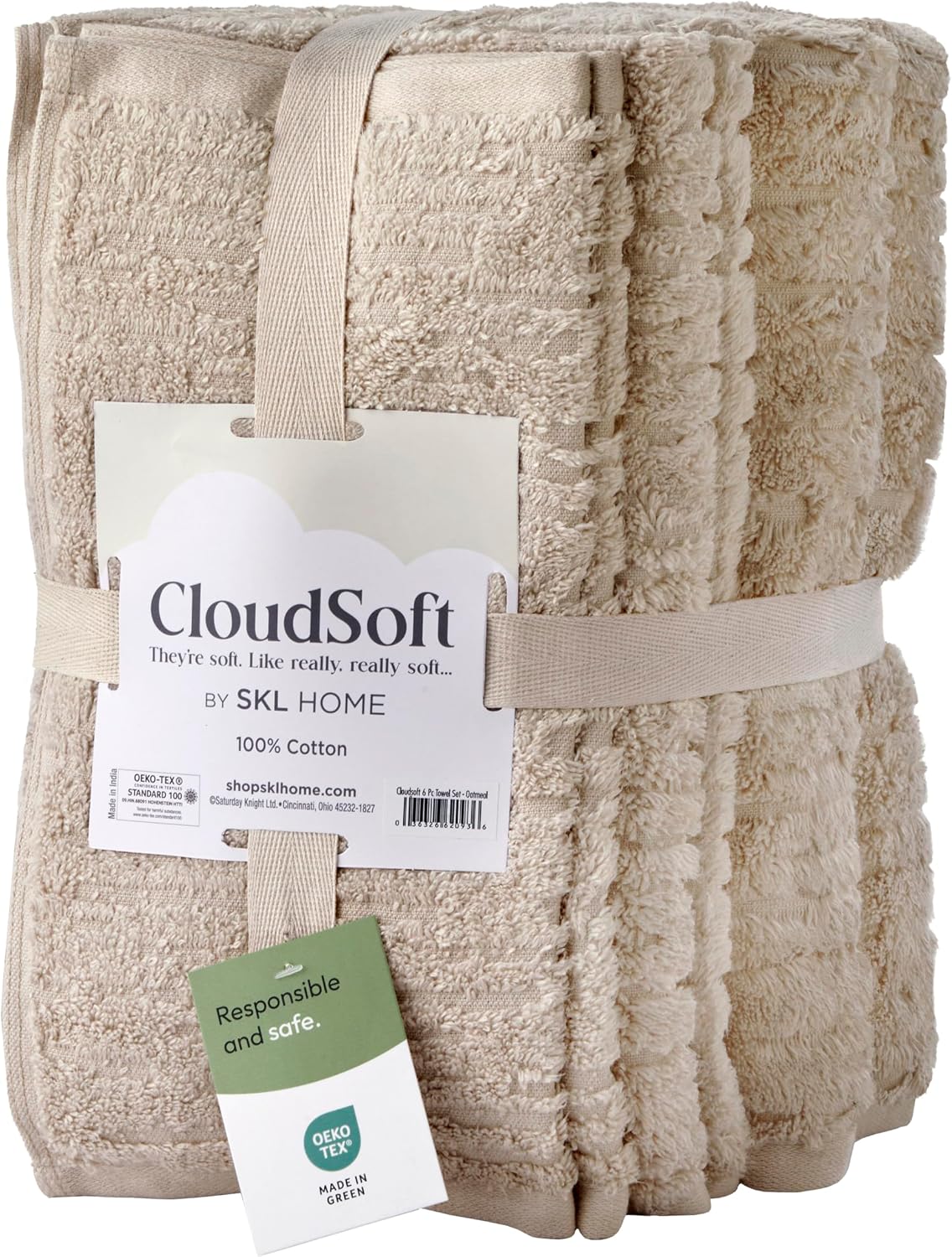 SKL Home CloudSoft Bath Towel Set, 6-Piece, 100% Cotton Luxury, Oatmeal