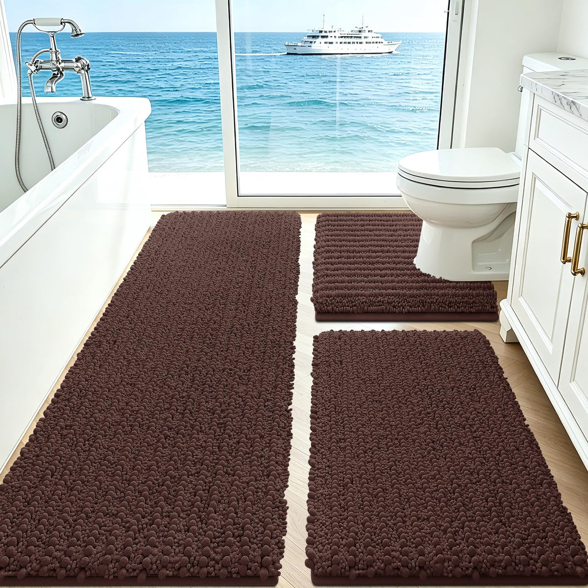 ACCUMTEK Upgrade Extra Large Black Bathroom Rug Set 3 Pieces Ultra Soft, Thick Absorbent Bath Mats, Non Slip Chenille Toilet Mat for Bathroom, Bedroom, Kitchen