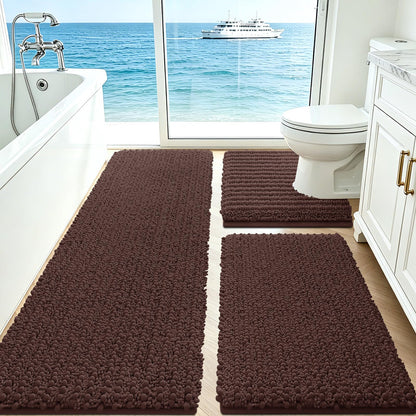 ACCUMTEK Upgrade Extra Large Black Bathroom Rug Set 3 Pieces Ultra Soft, Thick Absorbent Bath Mats, Non Slip Chenille Toilet Mat for Bathroom, Bedroom, Kitchen