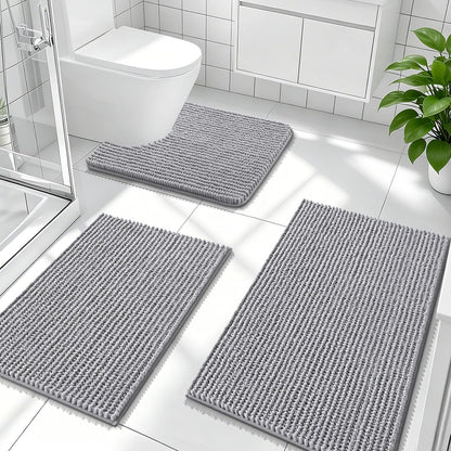 OLANLY Bathroom Rugs Sets 3 Piece, Super Soft Absorbent Chenille Bath Mats and U-Shaped Toilet Rug, Quick Dry, Home Decor, Bath Mat Set for Bathroom (24"x16"+24"x20"+30"x20", Grey)
