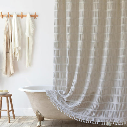 Siiluminisoy Extra Long Shower Curtain Fabric 72 x 84 Inch Shower Curtain Cream Striped Cotton Blend Thick Farmhouse Shower Curtains for Country Bathroom Decor, Beige