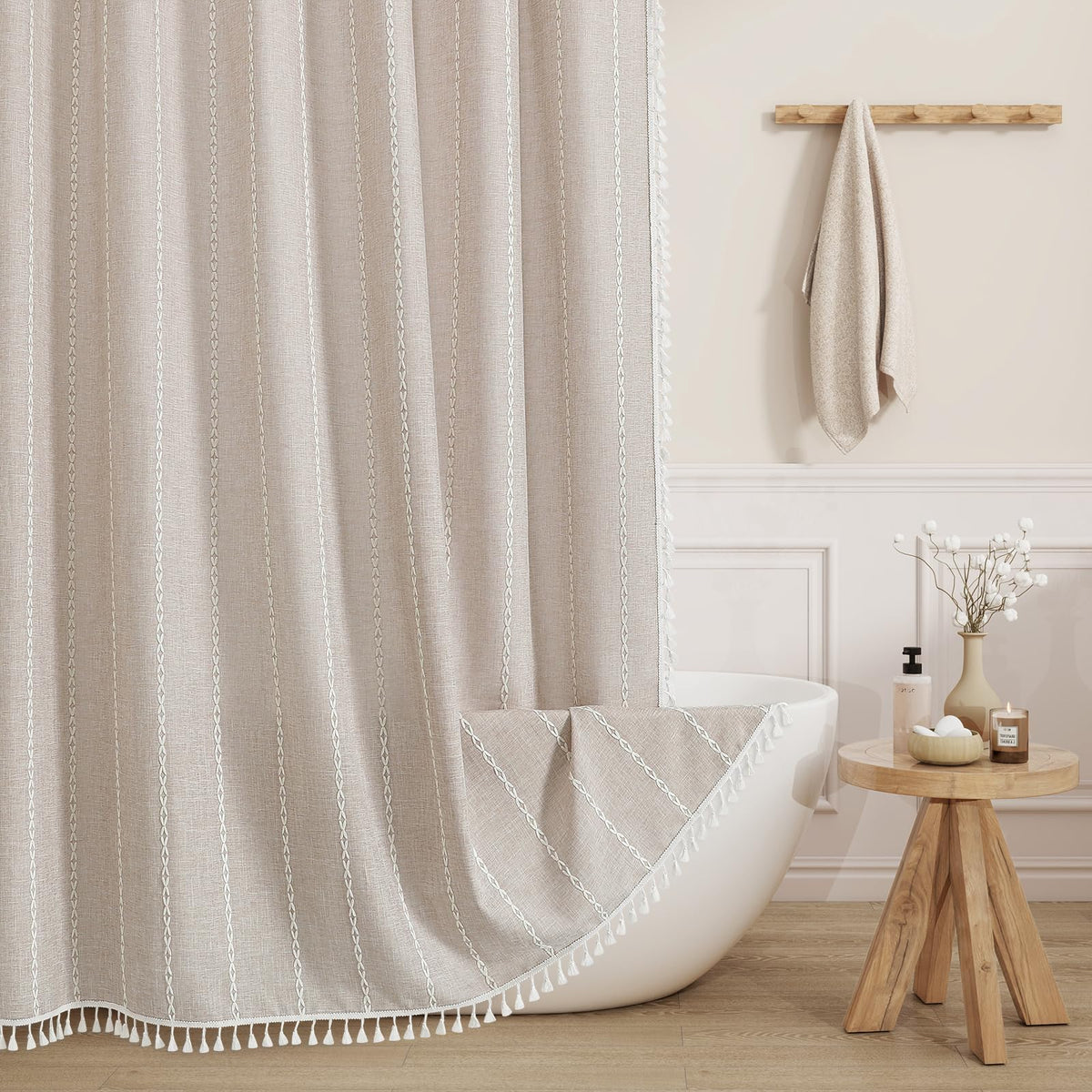 Boho Farmhouse Tassel Linen Shower Curtain,3D Embroidery Stripe Black,72x72