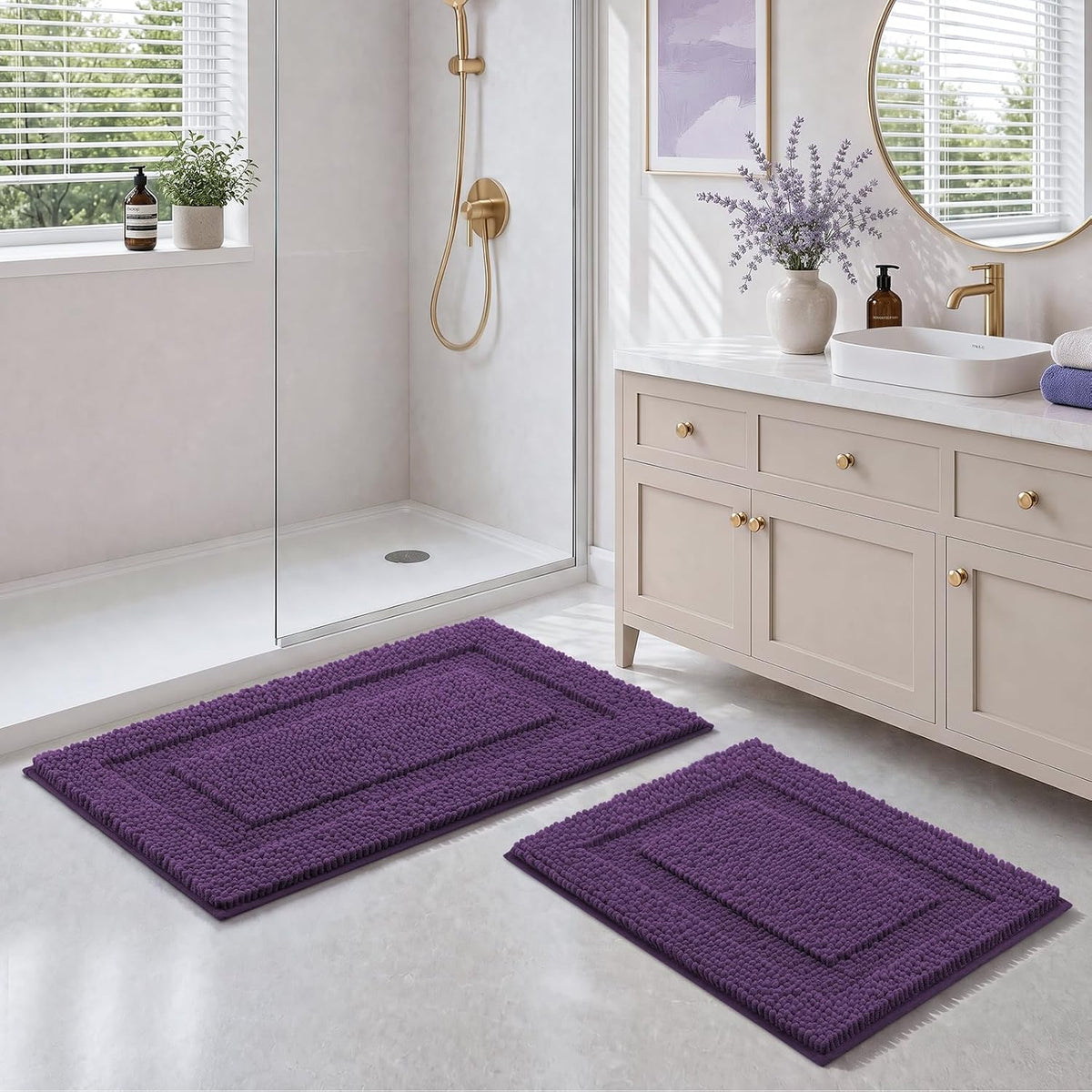 HOMEIDEAS Chenille Purple Bathroom Rugs Sets 2 Piece 17" x 24" + 20" x 32"