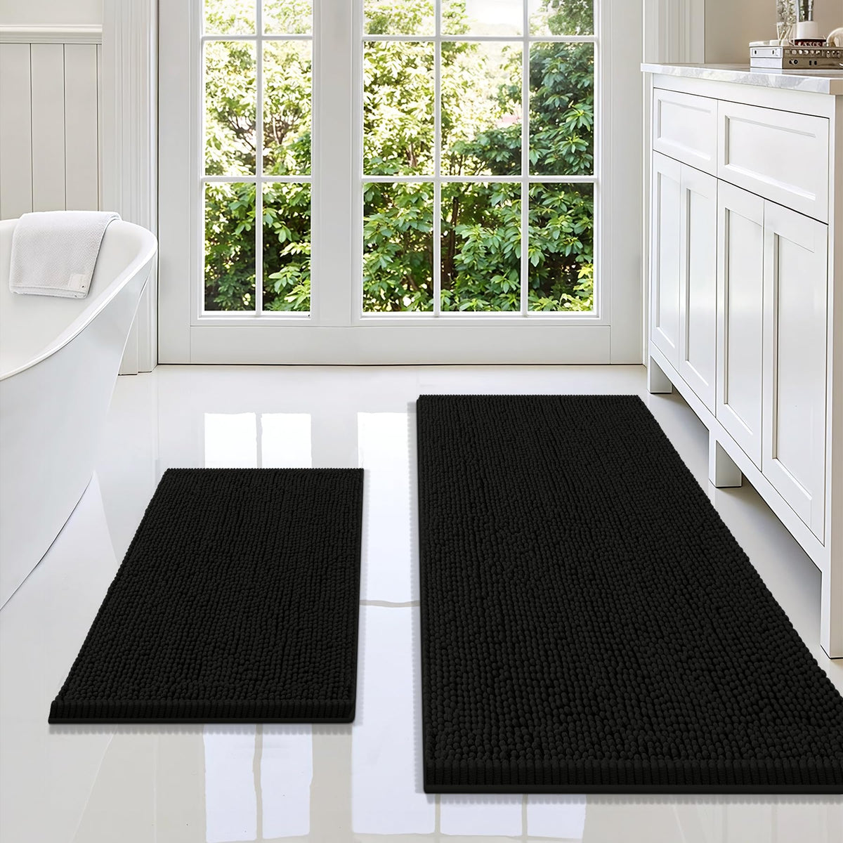 Smiry Chenille Bathroom Rugs Sets 2 Piece (30x20+24x16, Black)