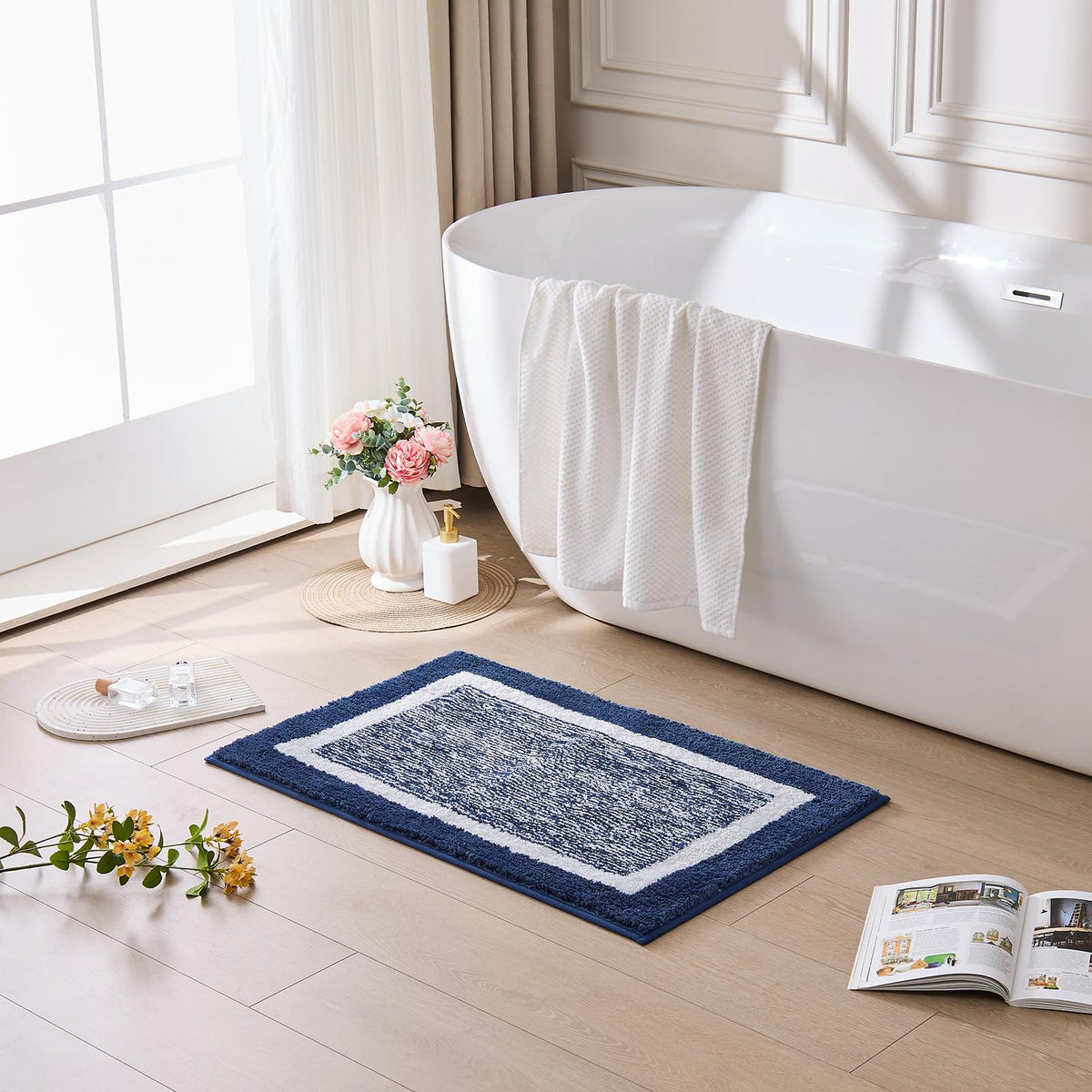 CozeCube Navy Blue Bath Mat 24"x16" Non Slip Washable Rug