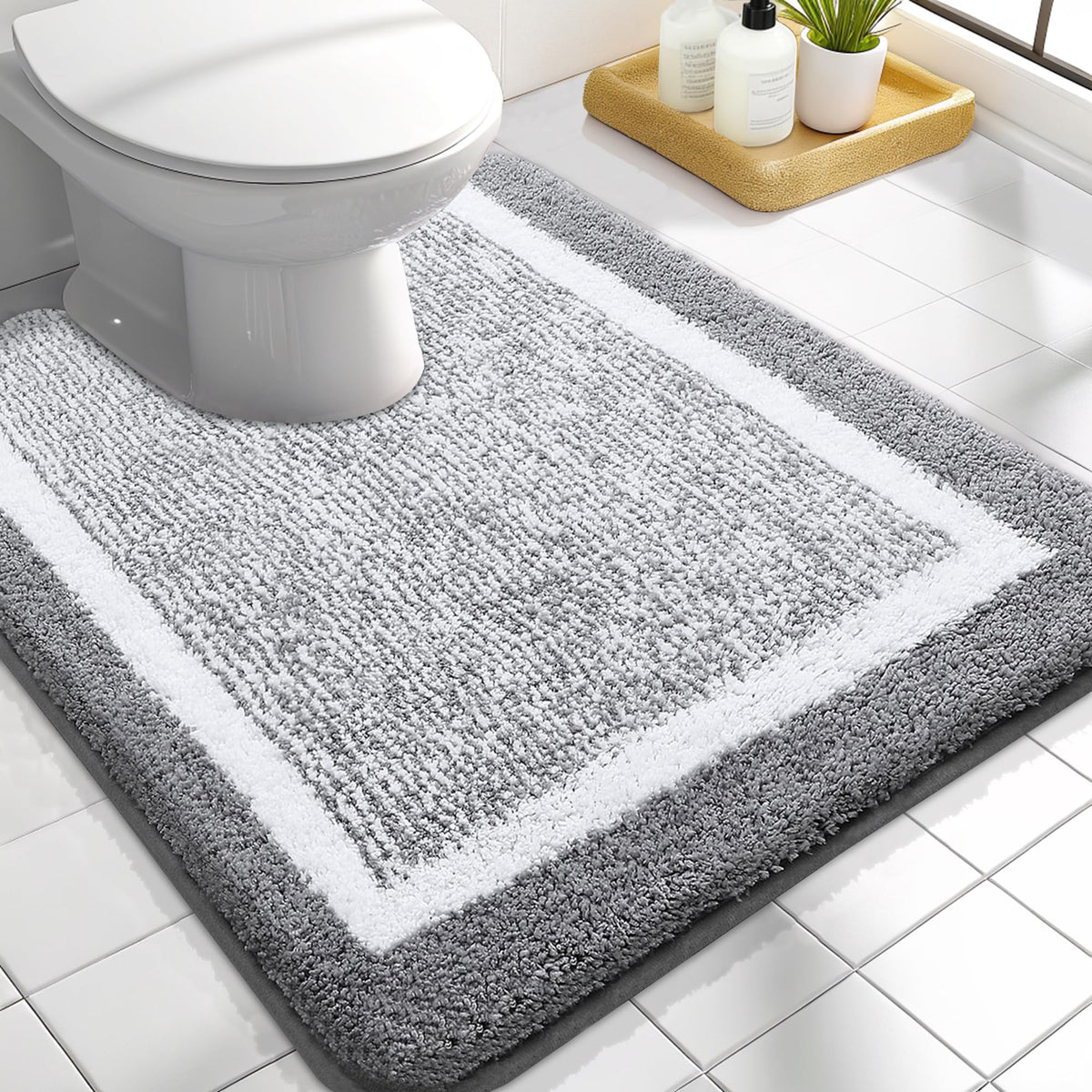 OLANLY Small Bathroom Rugs 24x16, Soft Absorbent Microfiber Bath Rugs, Grey