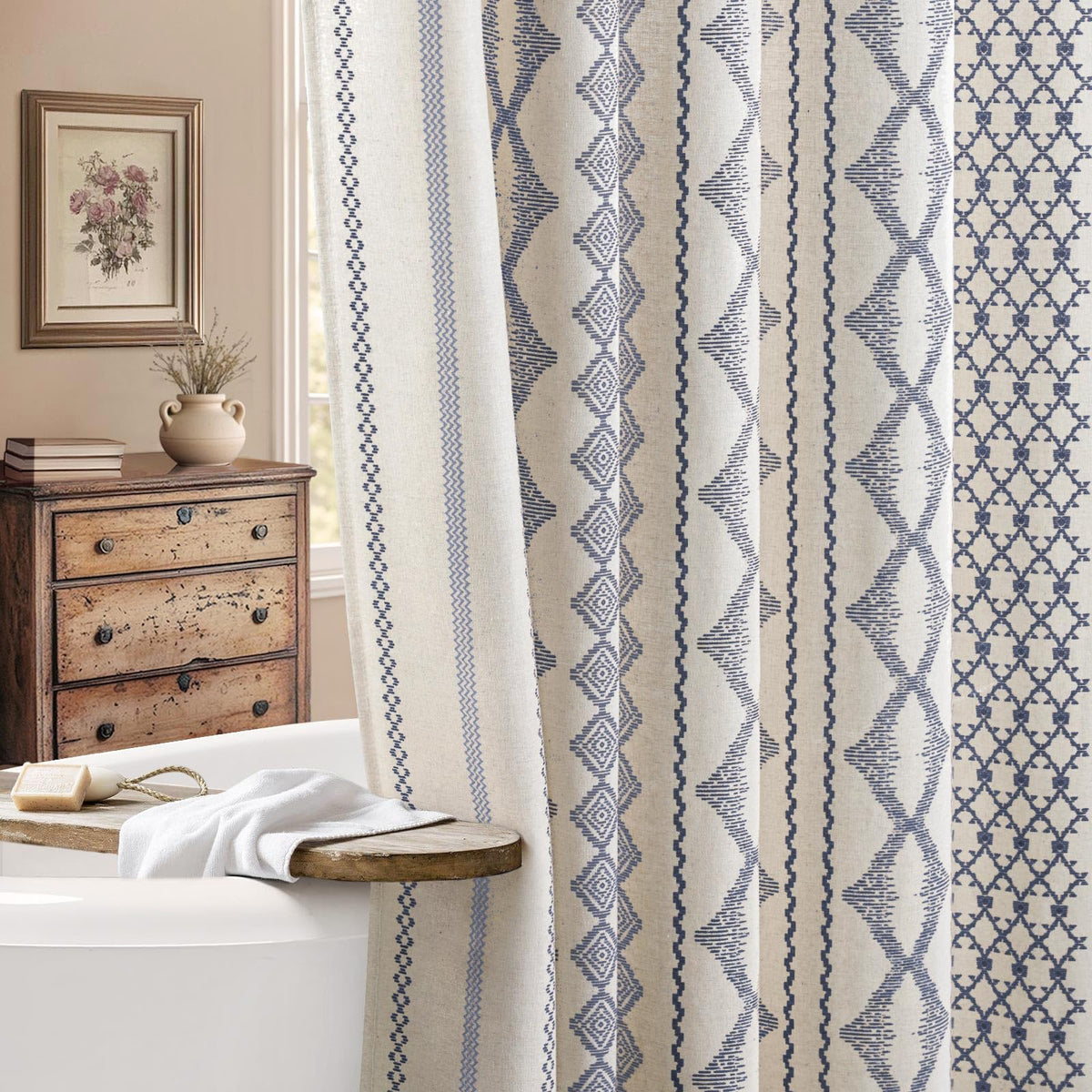 Nave Blue Boho Linen Shower Curtain,72" W x 72" L