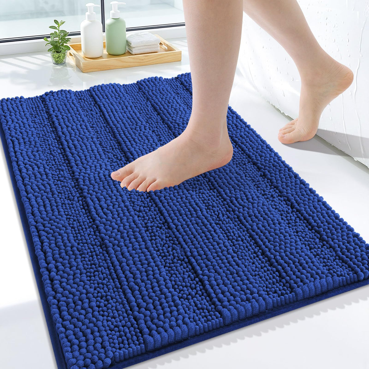 Grandaily Chenille Striped Bathroom Rugs 36x24, Extra Thick and Absorbent Bath Mats, Non-Slip Soft Plush Shaggy Shower Carpet, Machine Wash Dry, Bath Rug for Bathroom, (Large, Light Grey)