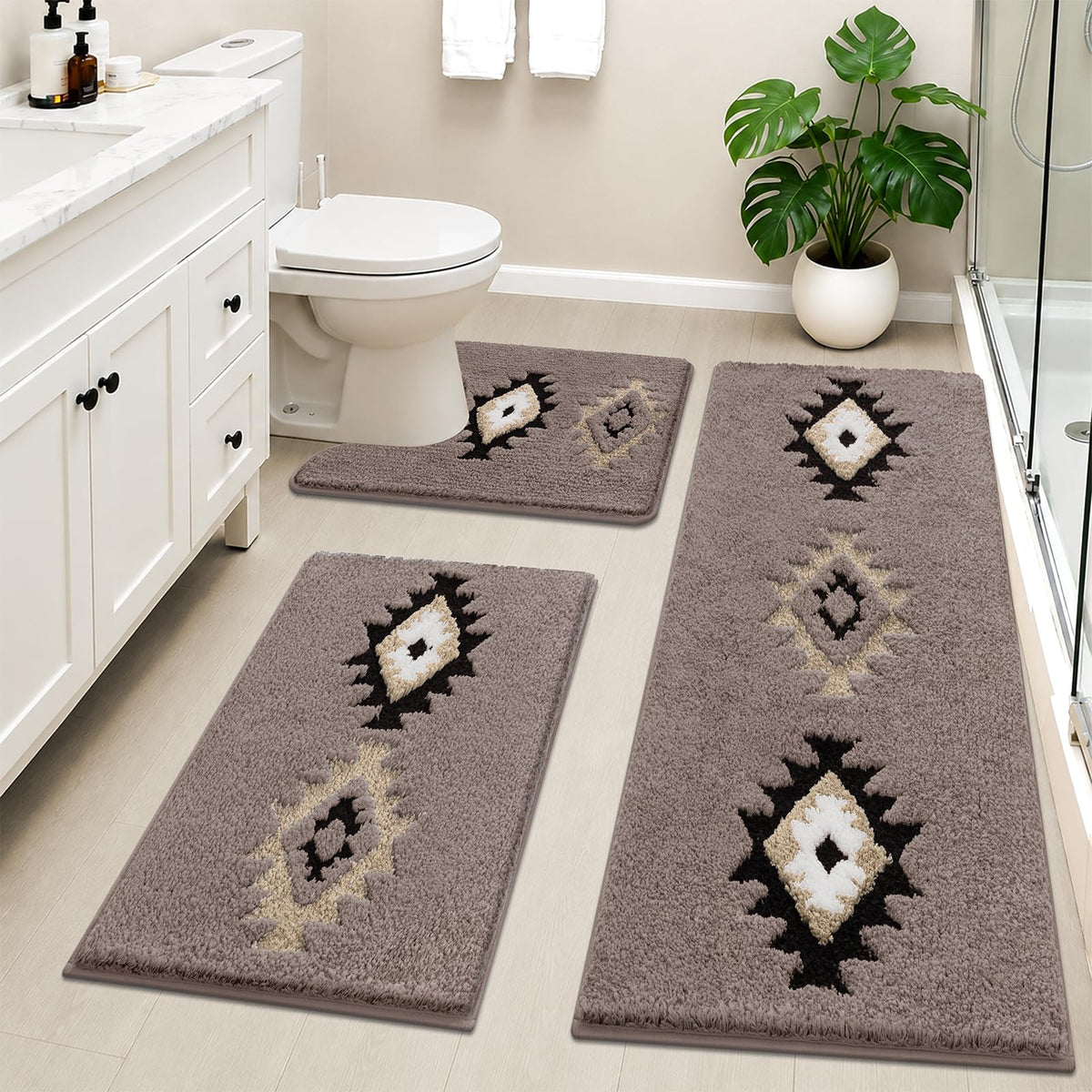 HEBE Boho Bathroom Rugs Set 3 Piece, Non Slip Washable Bath Mat Set