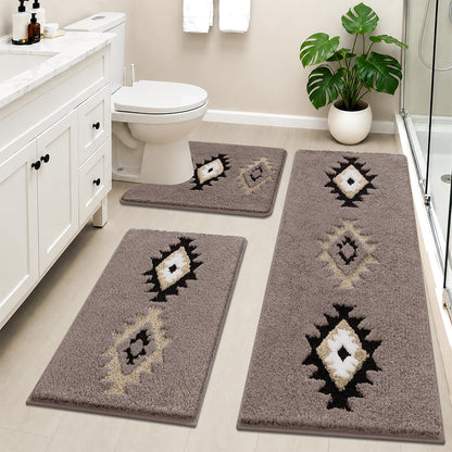 HEBE Boho Bathroom Rugs Set 3 Piece, Non Slip Washable Bath Mat Set