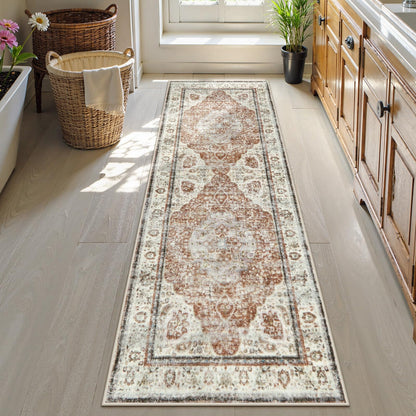 Uphome Boho Small Bath Mat, Distressed Farmhouse Light Khaki Bath Rugs, Comfy Velvet Bathroom Rugs Non Slip Washable, Vintage Oriental Toilet Rug for Sink Shower Vanity, 18x26 inch
