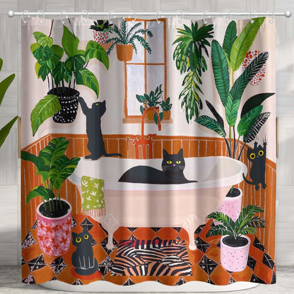 Funny Cat Shower Curtain Boho Cute Fun Black Cats Matisse Shower Curtains for Bathroom Kitten Green Tropical Plant Leaves Pink Orange Yellow Waterproof Fabric Bath Curtain Decor 72 X 72 Inches
