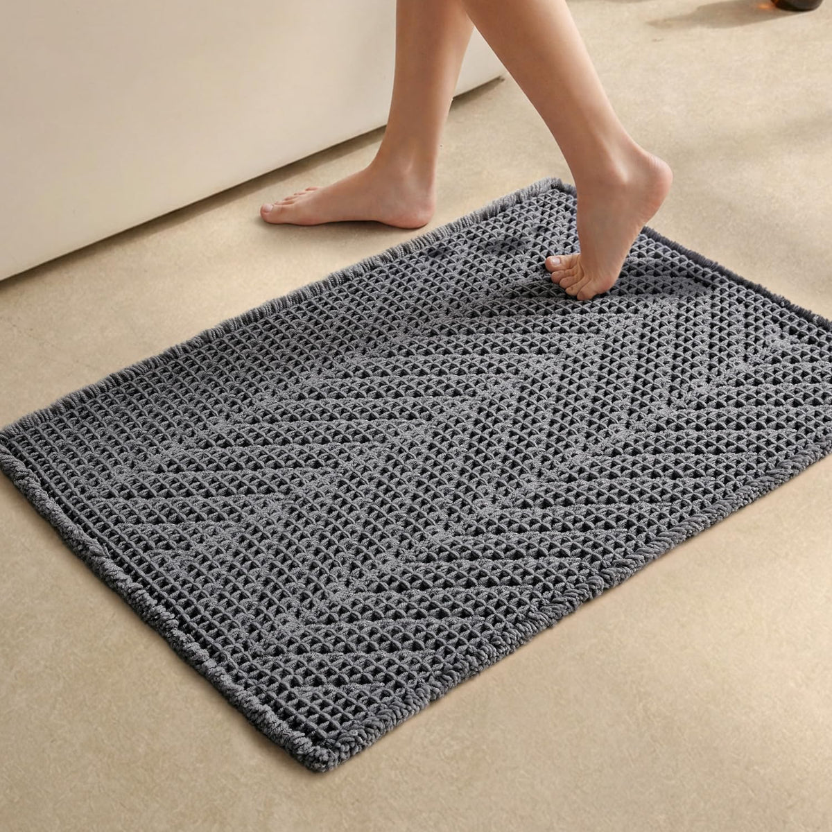 Sunfly Boho Bathroom Rug, Herringbone Waffle Bath Mat Non-Slip Washable Super Absorbent Quick Dry, Farmhouse Bath Mat for Bathroom Floor Decor 20"*30" Khaki
