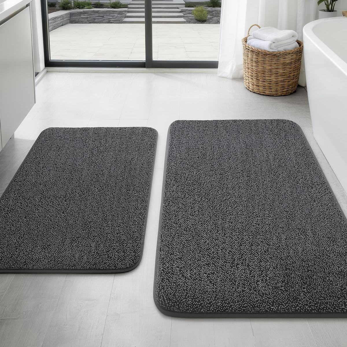 YIHOUSE 2-Piece Towel-Like Memory Foam Bathroom Rug Set, Dark Grey