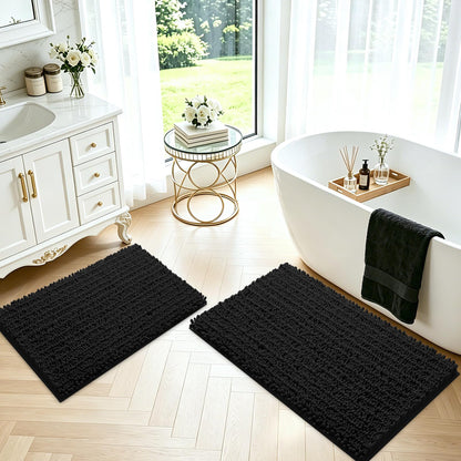 ACCUMTEK Upgrade Extra Large Black Bathroom Rug Set 3 Pieces Ultra Soft, Thick Absorbent Bath Mats, Non Slip Chenille Toilet Mat for Bathroom, Bedroom, Kitchen