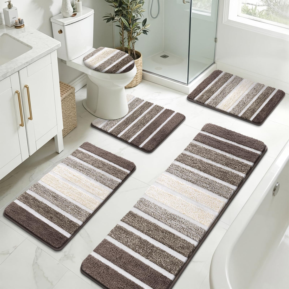 Yamaziot Sage Green Bathroom Rug Set 5 Piece Washable Non Slip Striped Mat
