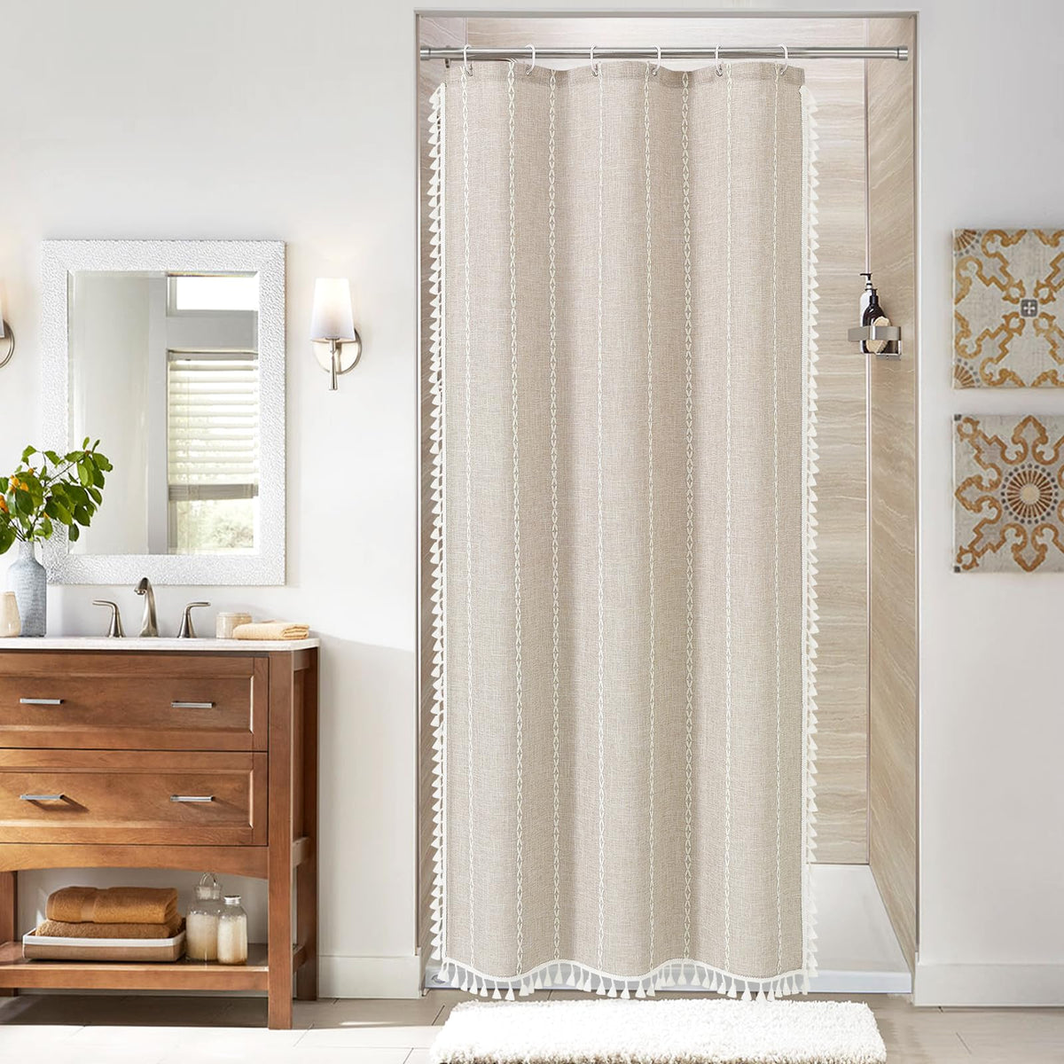 Boho Farmhouse Tassel Linen Shower Curtain,3D Embroidery Stripe Black,72x72