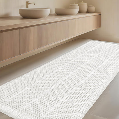Upgrade Waffle Bath Mat Set 2 Piece, Boho Bathroom Rugs Absorbent Non Slip, Ultra Soft Bathroom Mat, Machine Washable Knit Bath Rugs with Herringbones for Bathroom, Bedroom, Kitchen, Shower, White
