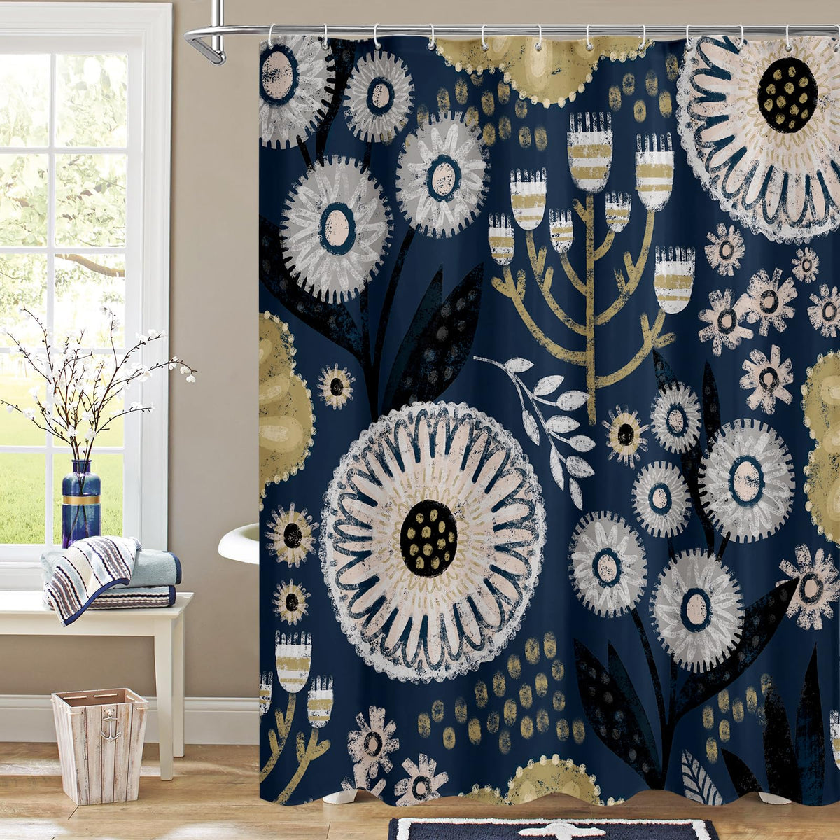 Boho Floral Shower Curtain, Vintage Botanical Fabric Curtain, 72 x 72