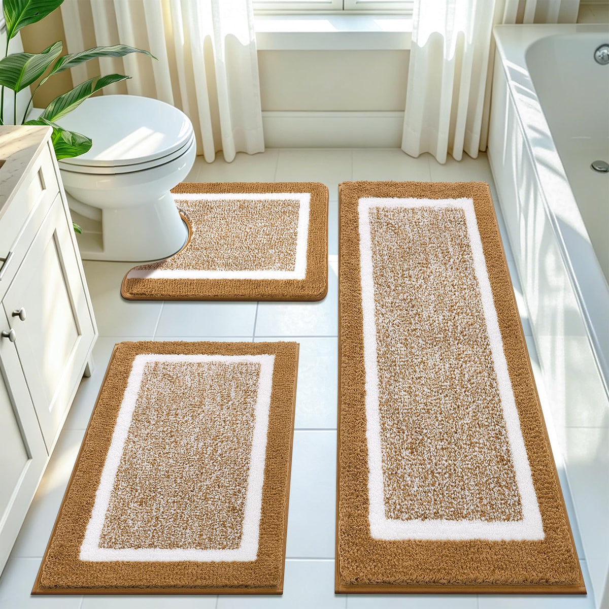 Pauwer Bathroom Rugs 3 Piece Set, Non Slip Washable Bath Mat, Dark Grey