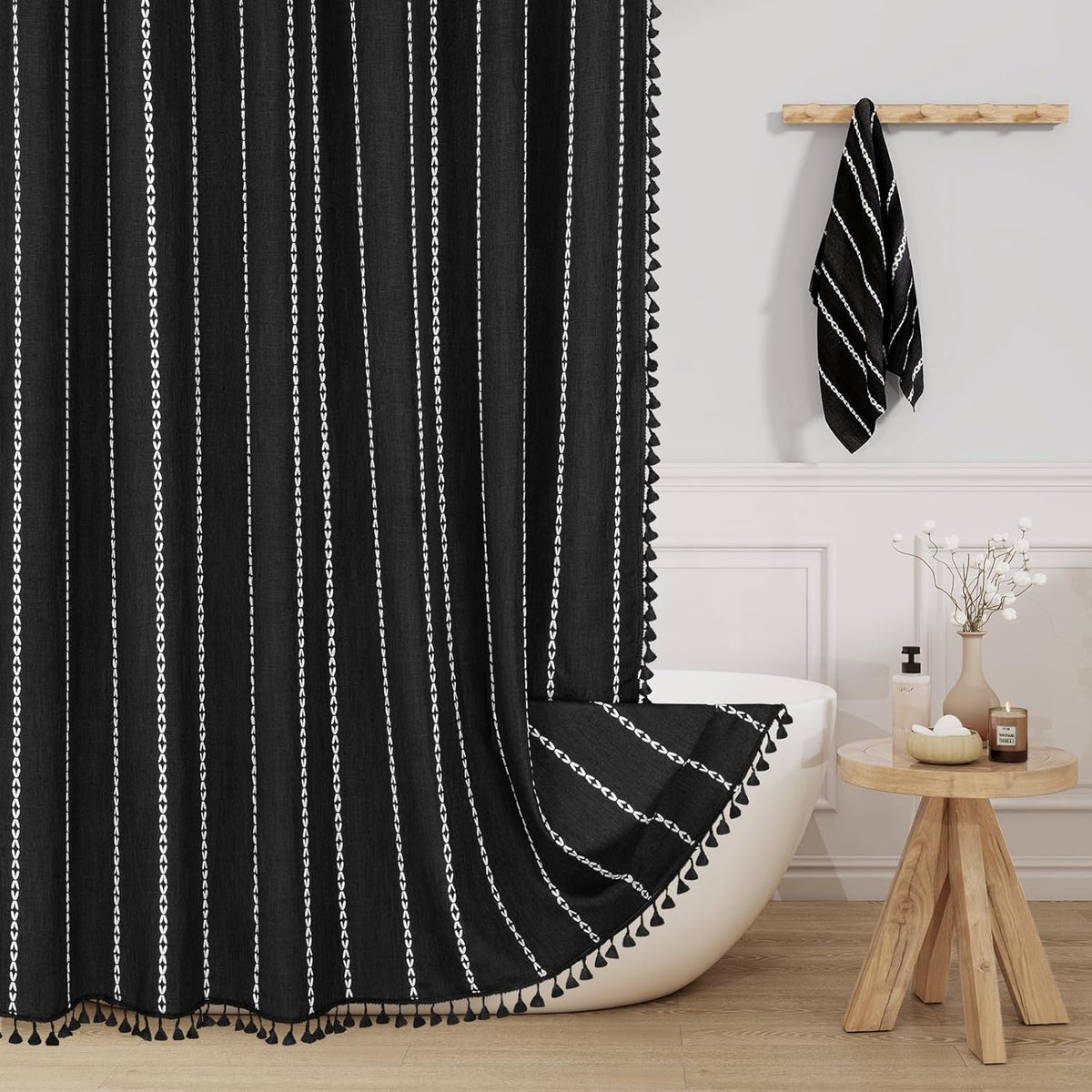 Boho Farmhouse Tassel Linen Shower Curtain,3D Embroidery Stripe Black,72x72